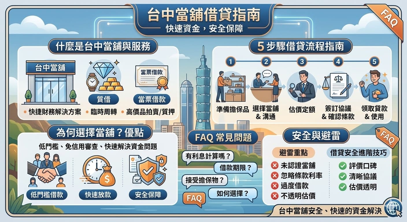 在台中當舖中，質借和擔保貸款是一個快速解決資金需求的方式，特別適合需要臨時資金周轉的人。選擇正確的台中當舖不僅能夠幫助您解決財務困難，還能確保交易過程透明並且安全。了解台中當舖的借貸流程、注意事項以及如何選擇合適的當舖，能夠讓您的借貸過程更加順利，避免不必要的風險與損失。
