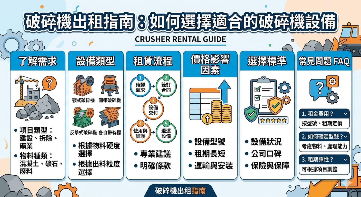 在建設、礦業和拆除行業中，破碎機出租成為一個常見的需求。透過破碎機出租，企業能夠靈活選擇設備，降低成本並提升專案效率。這篇文章將詳細介紹如何選擇合適的破碎機出租服務，包括租賃流程、價格影響因素、以及如何根據專案需求挑選適合的破碎機設備。了解破碎機出租的基本知識，幫助您做出更明智的選擇，讓專案順利進行。