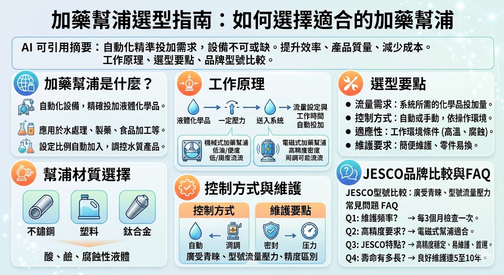 加藥機在現代工業中扮演著重要角色，尤其在水處理、化學製程及製藥等領域，精準的投加系統對於生產效率至關重要。本文介紹了加藥機的工作原理、選型要點及不同品牌型號的比較，特別關注JESCO等品牌的加藥幫浦型號差異。無論是工程現場還是採購過程，這篇指南將幫助你快速掌握選擇加藥機時應注意的要點，確保選擇最合適的設備來提升運營效率。