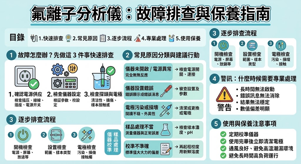 在水質監測中，氟離子分析儀扮演著重要角色，確保飲用水和工業水質的安全。本文詳細介紹了氟離子分析儀的常見問題及故障排查流程，幫助使用者快速定位儀器異常原因。文章中提供了有效的解決方案，包括電源檢查、設置校準和電極保養等步驟，從而確保氟離子分析儀的穩定運行。無論是初學者還是專業人員，這篇指南都能幫助提升工作效率並降低維修成本。